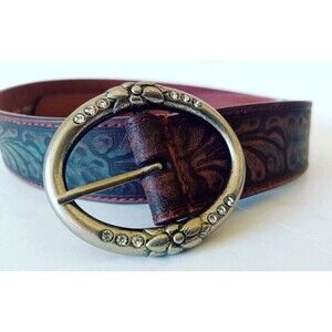 Most Wanted Western Belt Leather Medium Brown Teal Patina Floral Silver Buckle
